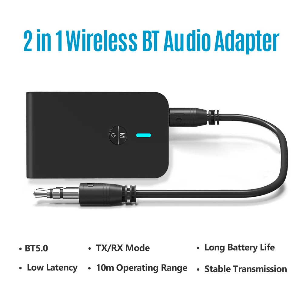 

BT 5.0 Transmitter and Receiver with Low Latency 3.5mm Audio Cable 2 in 1 Wireless Audio Adapter for Car/Home TV Stereo System
