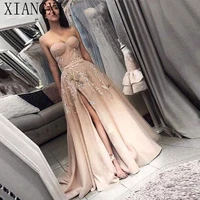 champagne evening dresses 2020 sweetheart a line slit appliques satin dubai saudi arabic long elegant evening gown prom dress
