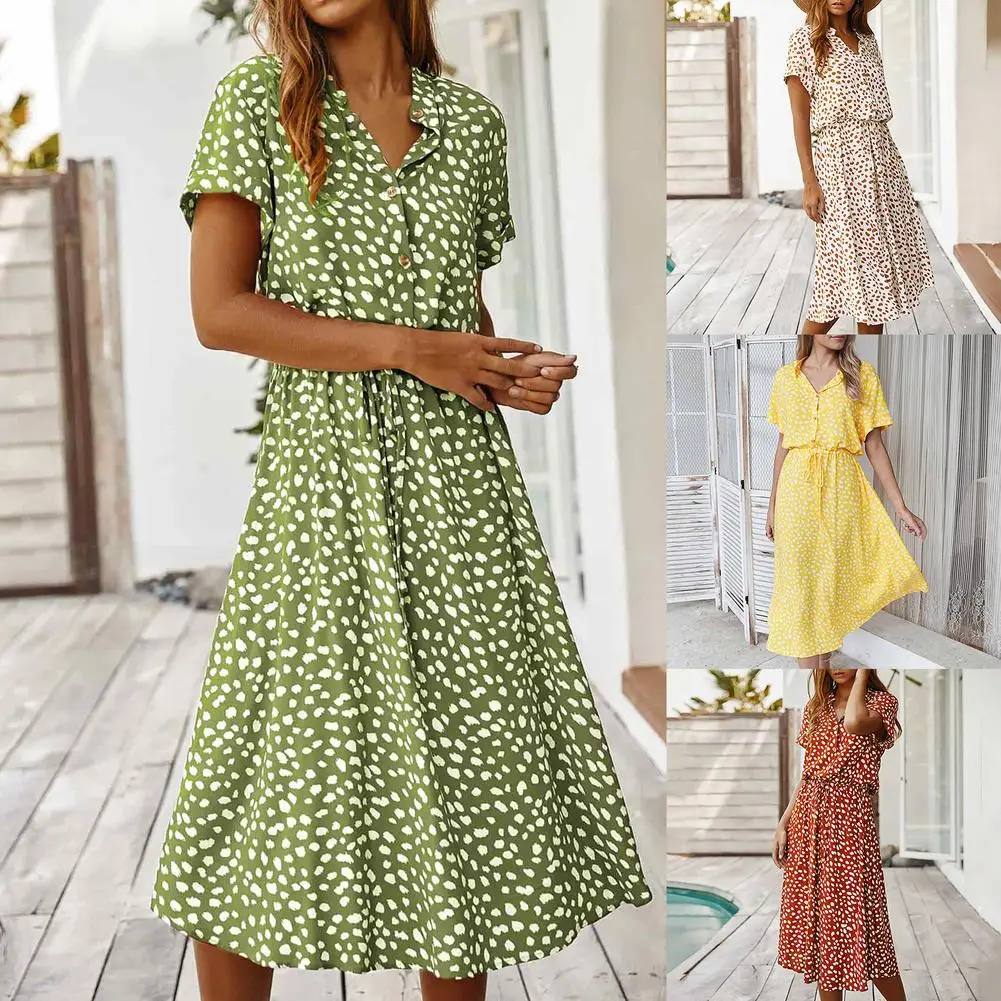 

2021 Sexy V Neck Floral Boho Beach Dress Women Short Sleeve Dress Wave Point Summer Shirt Skirt Mini Dress