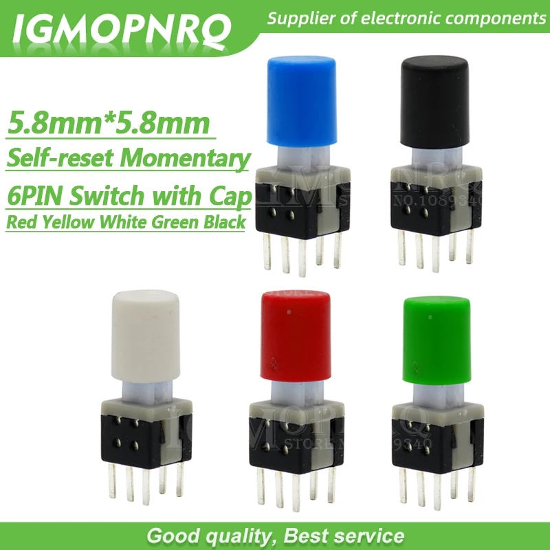 10Sets = 20PCS 5.8*5.8mm with cap Self reset Momentary Push Tactile Power Micro Switch Kit 6 Pin Button Switches 5.8x5.8mm | Электронные