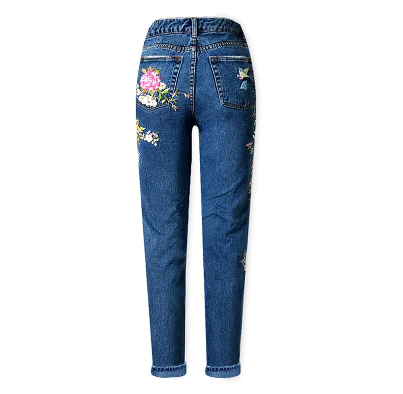 Jeans Women's Fashion Bird Flower Embroidery High-Waist Slim-Fit Straight-leg Jeans Dark Blue Denim Trousers For Mom Size S-3XL