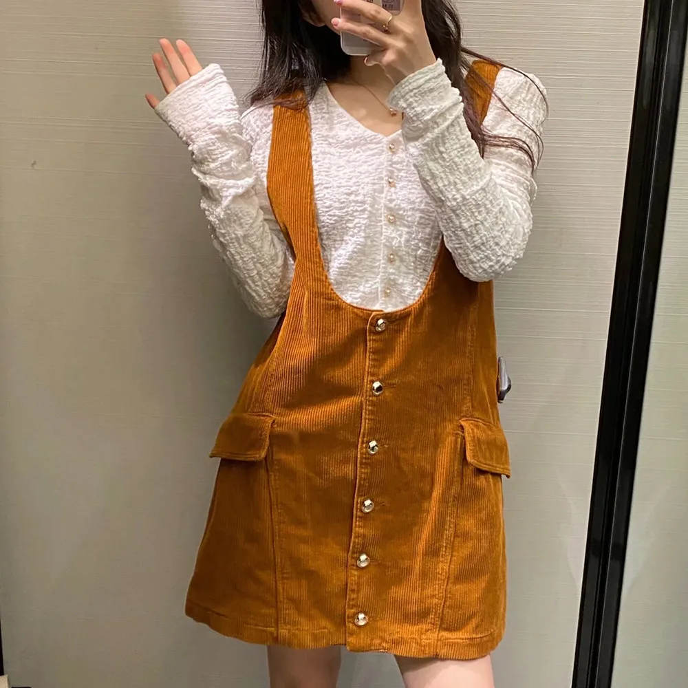 

New Arrival Preppy Style Kawaii Corduroy Sleeveless Strap Mini Dress for Women Sweet Elegant A-line Vestido with Button Female