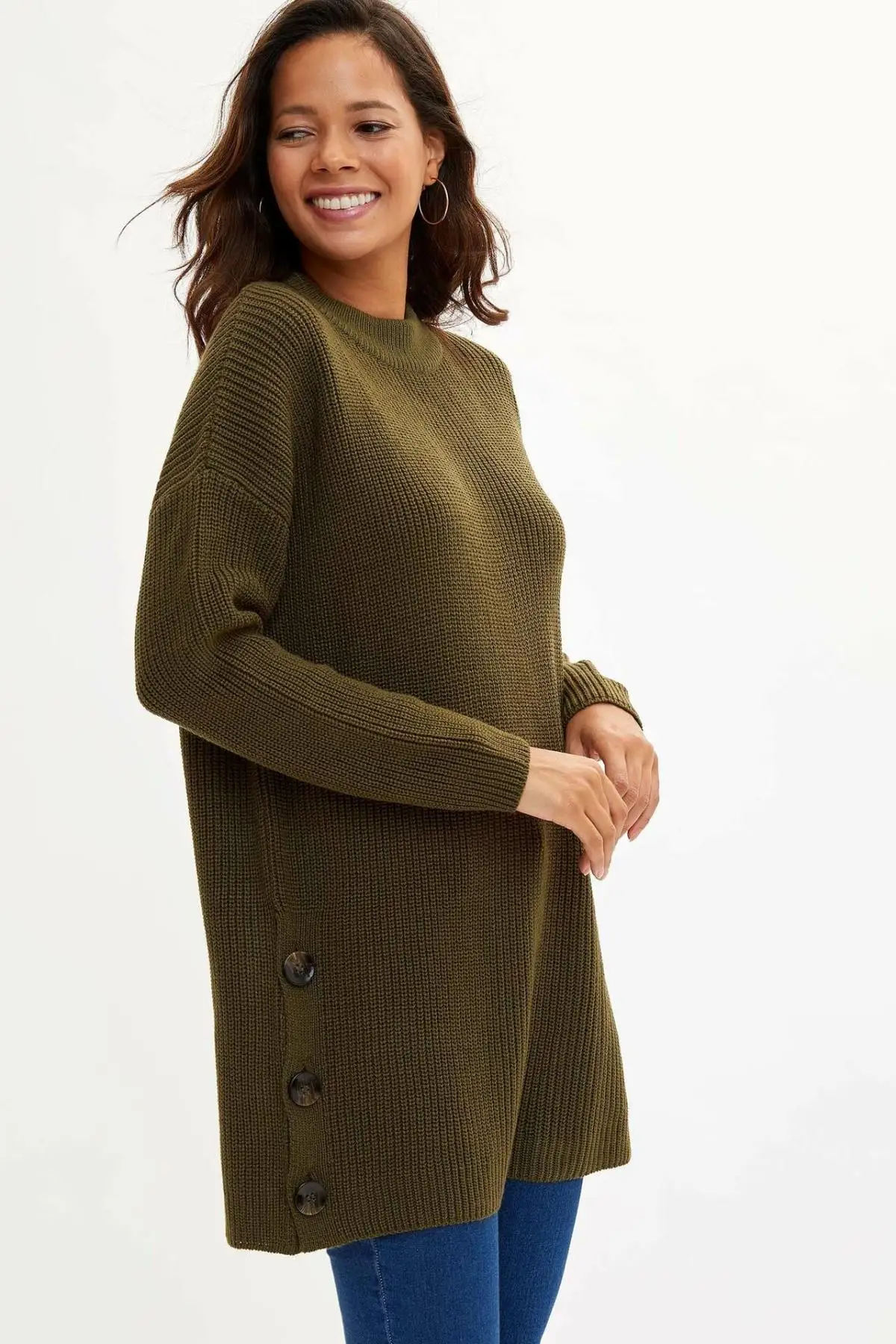 DeFacto Женская туника пуловеры модная армейский зеленый длинный рукав Женские