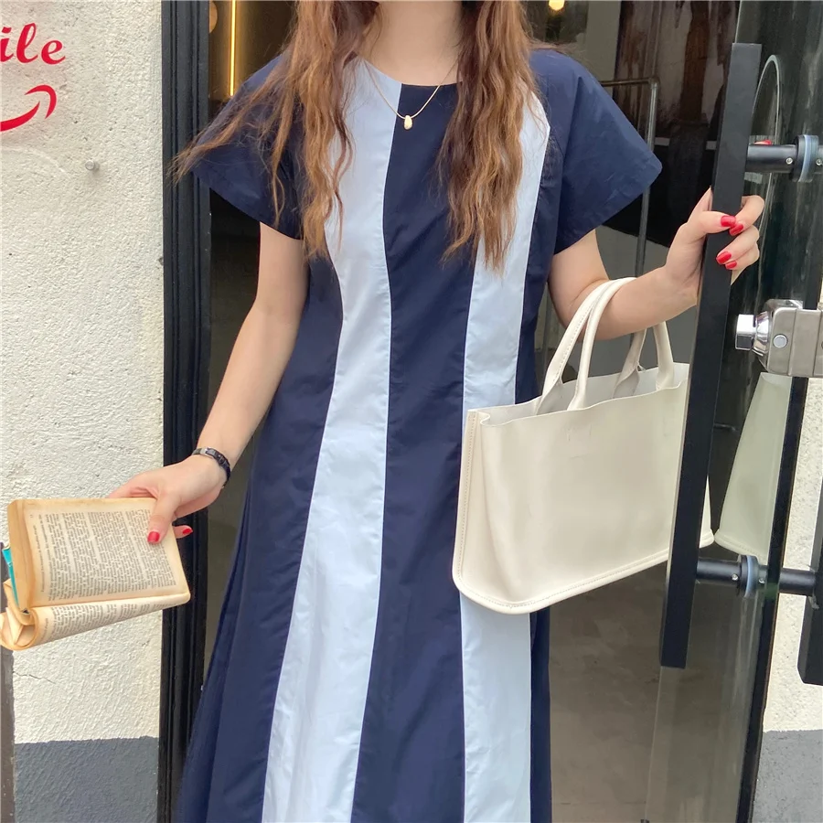 

Women Summer Fashion High Street Patchwork Elegant Dress Vintage O-neck Short Sleeve A-line Korean Long Party Dress Vestidos