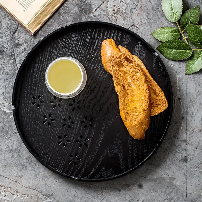 Деревянный поднос для чая черный круглый кофе и завтрака китайского деревянная