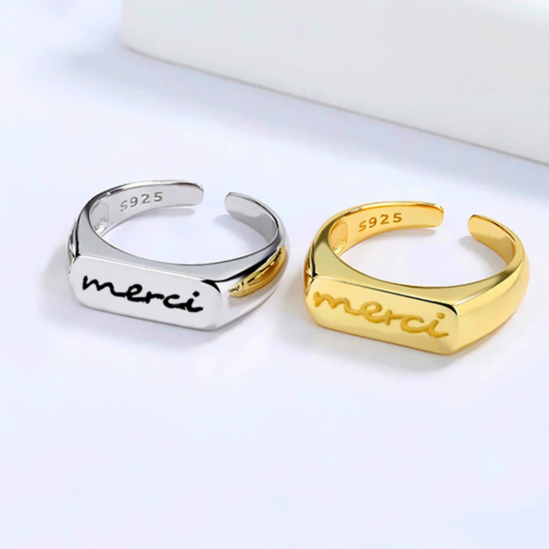 

VENTFILLE 925 Sterling Silver Fashion Design English Letter Merci Opening Vintage Ring Women Holiday Anniversity Mother Gift