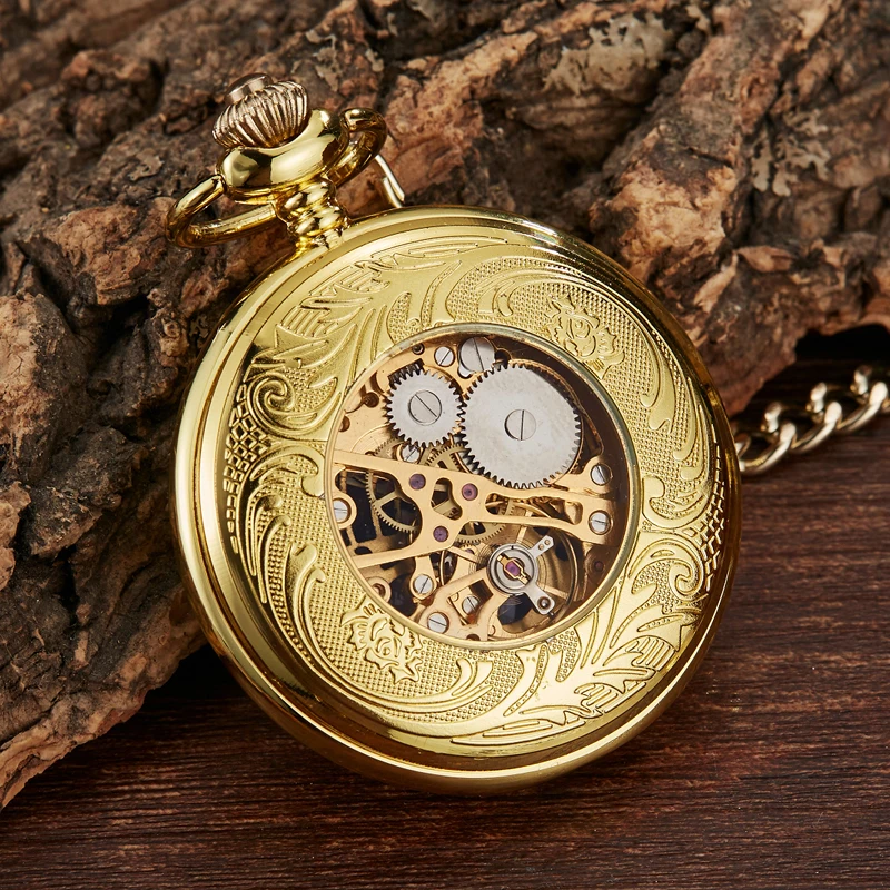 Retro Flower Hollow Skeleton Automatic Mechanical Pocket Watch Mens Fob Chain Steel Exquisite Sculpture Women Roman Numerals