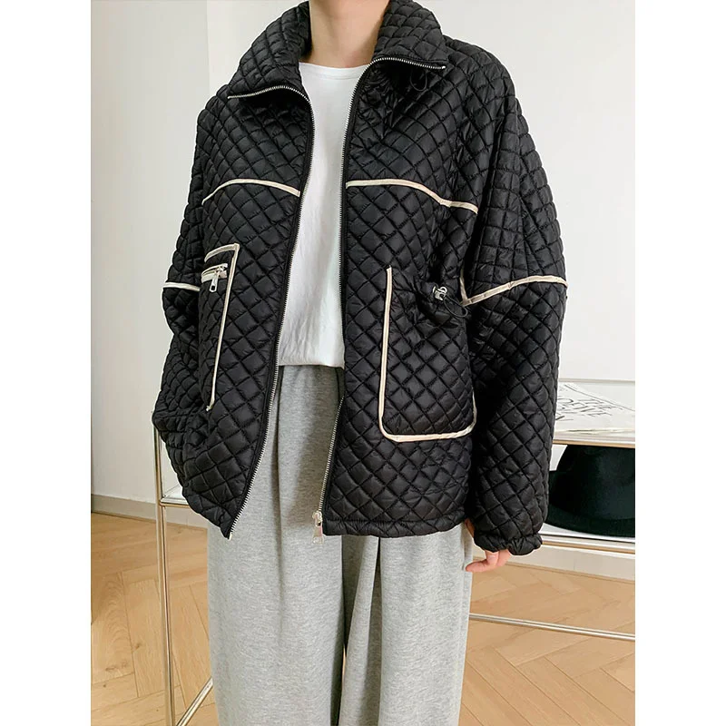 

Stripe Block Designed Pocket Zipper Up Oversize Quilted Jacket