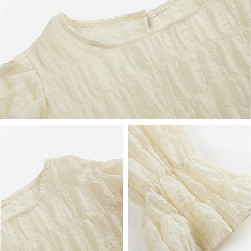 

Blouse Women Fashion Tops Pure Popular Temperament Blusa Feminina Flare Sleeve O-Neck Simple Design Casual Folds Chiffon Elegant