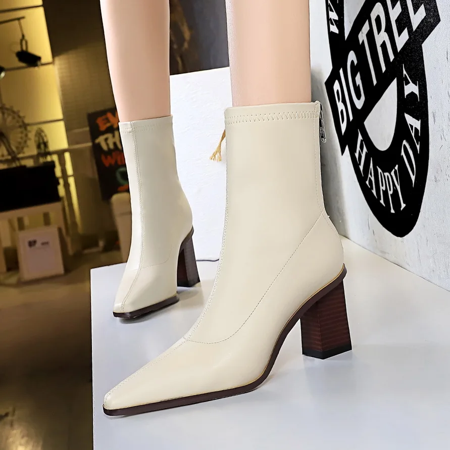 

BIGTREE Shoes Ricewhite Brown Black Women Boots Fashion Sexy Leather Boots Women High-Heeled Boots Square Heels Lady Ankle Boots