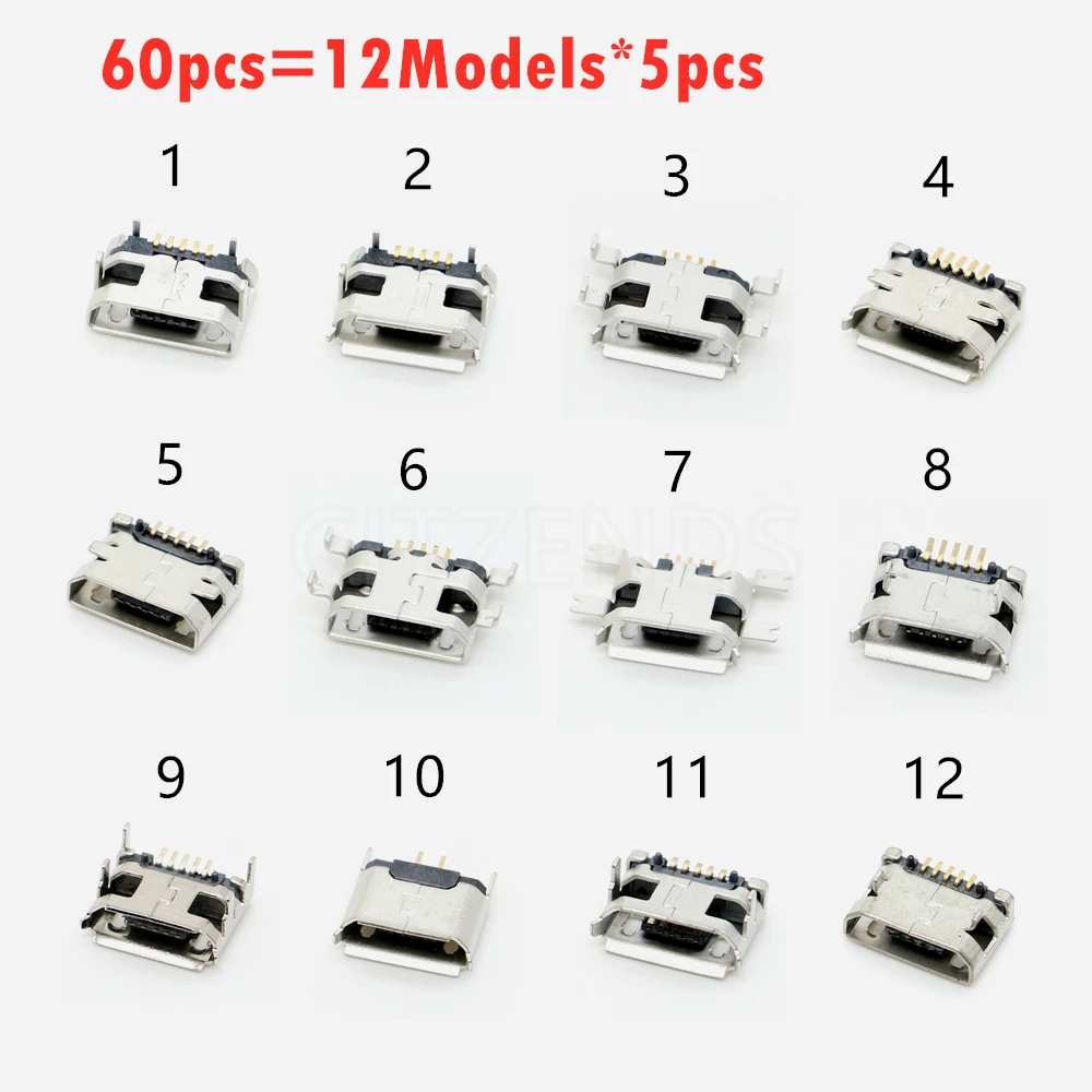 60 шт. 12 моделей разъем Micro USB 5Pin гнездо usb для MP3/4/5 Huawei Lenovo Meizu ZTE и других мобильных