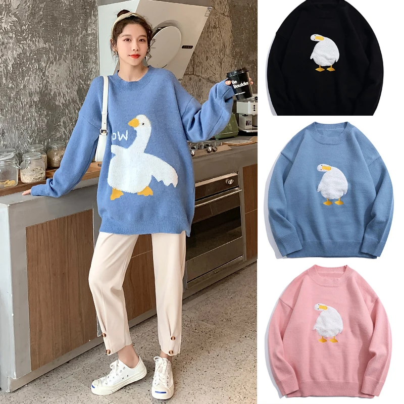 

Women's Autumn Winter Cartoon Duck Pattern Knitted Sweaters Harajuku O-Collar Pink Blue Loose Sweater Fashion Female Pullover