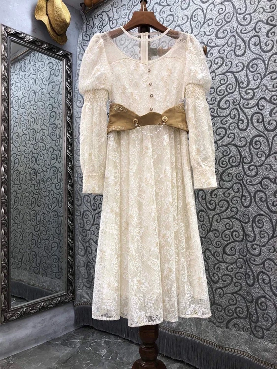 

2021 new women fashion round neck lace embroidery decorative buckle belt long sleeve skirt dress 092