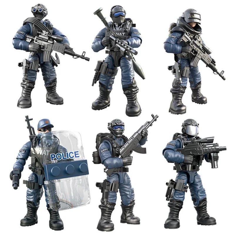 

Kids Toys 6pcs/lot SWAT Mini Military Figures Building Blocks Police Soldiers Weapon Accessories Guns Bricks For Children