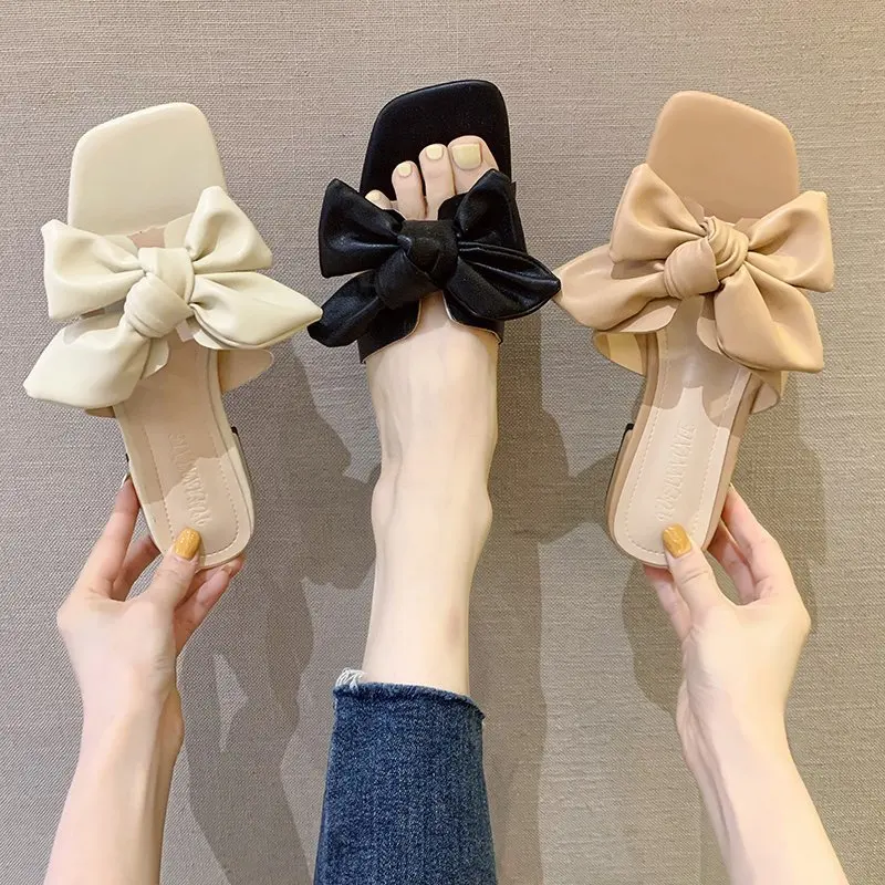 

Female Shoes Square heel Butterfly-Knot Slippers Casual Slides Med Low 2021 Block Luxury Soft Hoof Heels PU Rubber Butterfly-kno