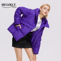 miegofce 2021 winter hooded women jacket short asymmetric designer parka zipper pocket coat detachable strap parkas d21901