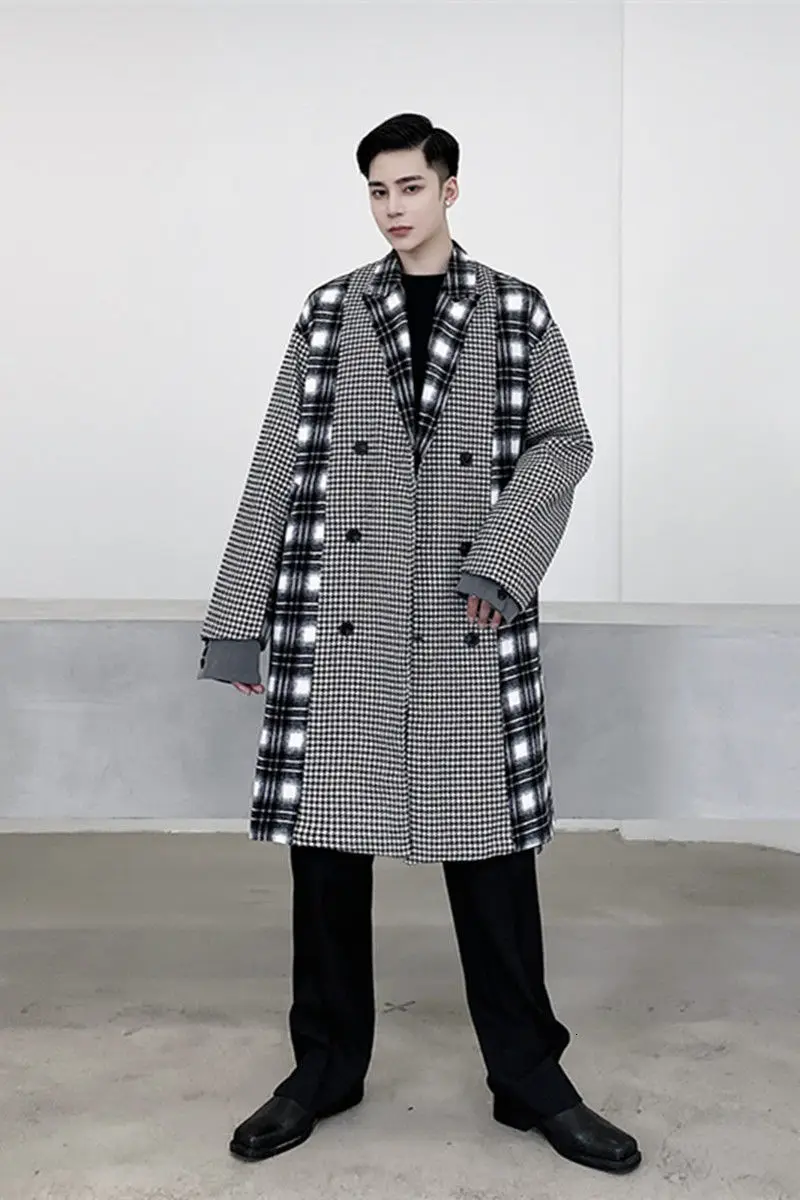 

IEFB New fashion patchwork black white plaid trench coat men's personality mid length windbreaker with belt loose vintage 9Y4667