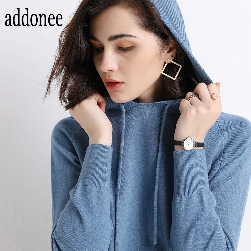 High Quality New Spring Autumn Winter Women Cashmere Knit Sweater Hooded Collar Pullovers Solid Color Sport Soft Casual Loose | Женская