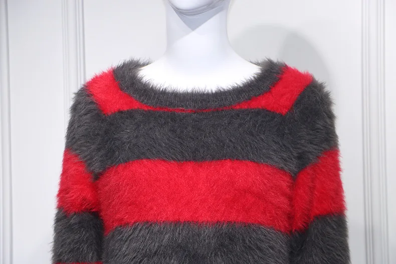 Женский мохеровый свитер в красно-серую полоску свободный шерстяной пуловер с