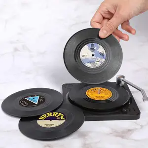 Set of 6 Vinyl Coasters for Drinks Music Coasters with Vinyl Record Player Holder Retro Record Disk 