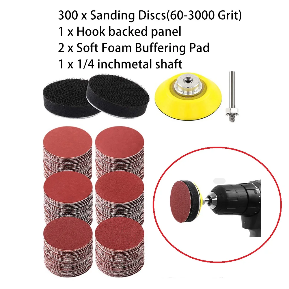 

300 Pcs 2 Inch Sandpaper Grit 60-3000 Hook And Loop Sanding Disc Polish +1*polishing Plate+1*M10 Mandrel+2*black Sponge Pads
