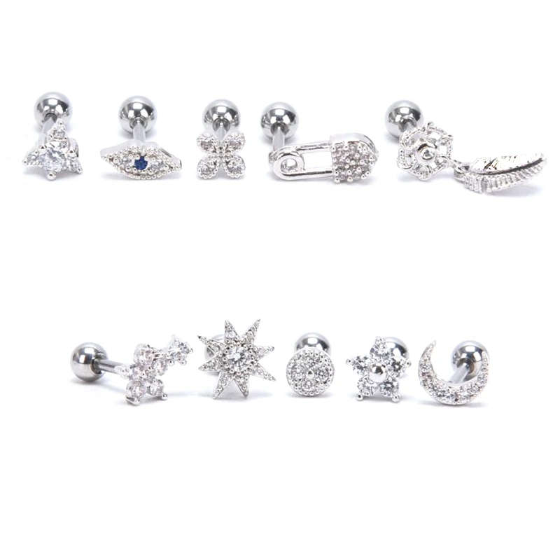 Cartilage Stud Moon Star Heart Cross Flower Crown Helix Tragus Piercings Conch Rook Earring Piercing Jewelry | Украшения и