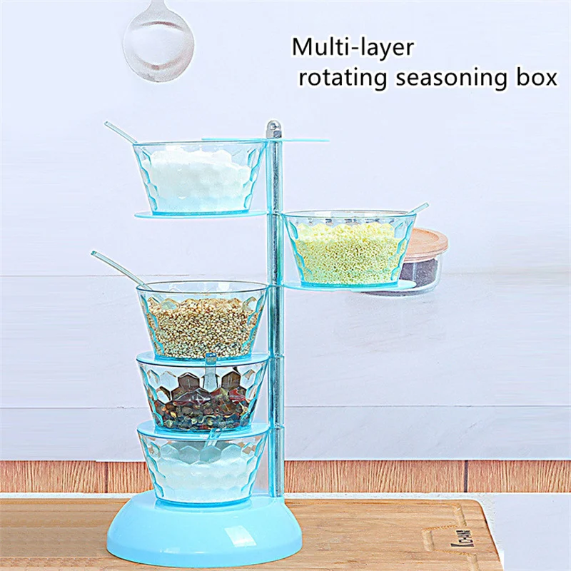 

360 Rotation Transparent Seasoning Box Spice Jars With Spoon Seasoning Spice Rack Organizer Plastic Storage Container