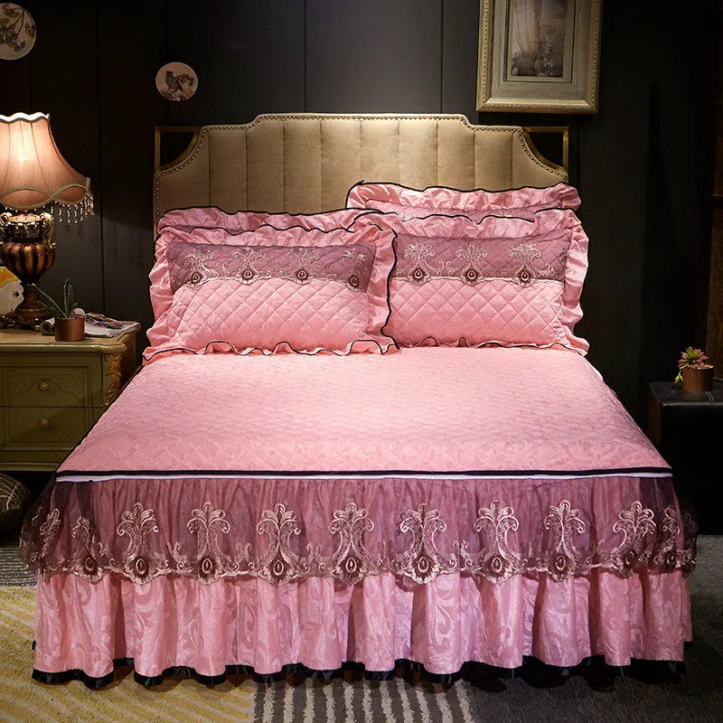 Европейский бархат стеганая кровать юбка Кружева рюшами двойной королевы