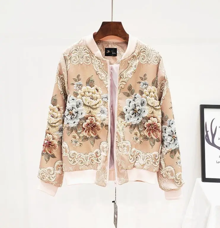 

Women's autumn winter casual loose jacquard beaded baseball jacket female high waist plus size flower print outwear TB874
