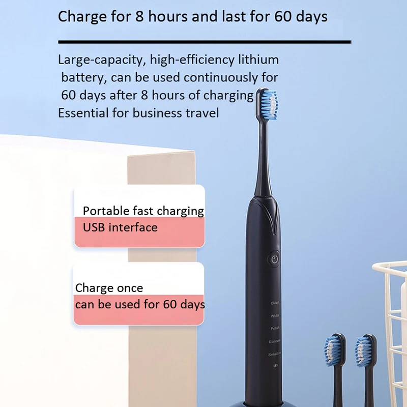 

Electric Toothbrush 3 Replacement Brush Heads Battery Sonic Teeth Waterproof Deep Cleaning Included Soft-Bristle