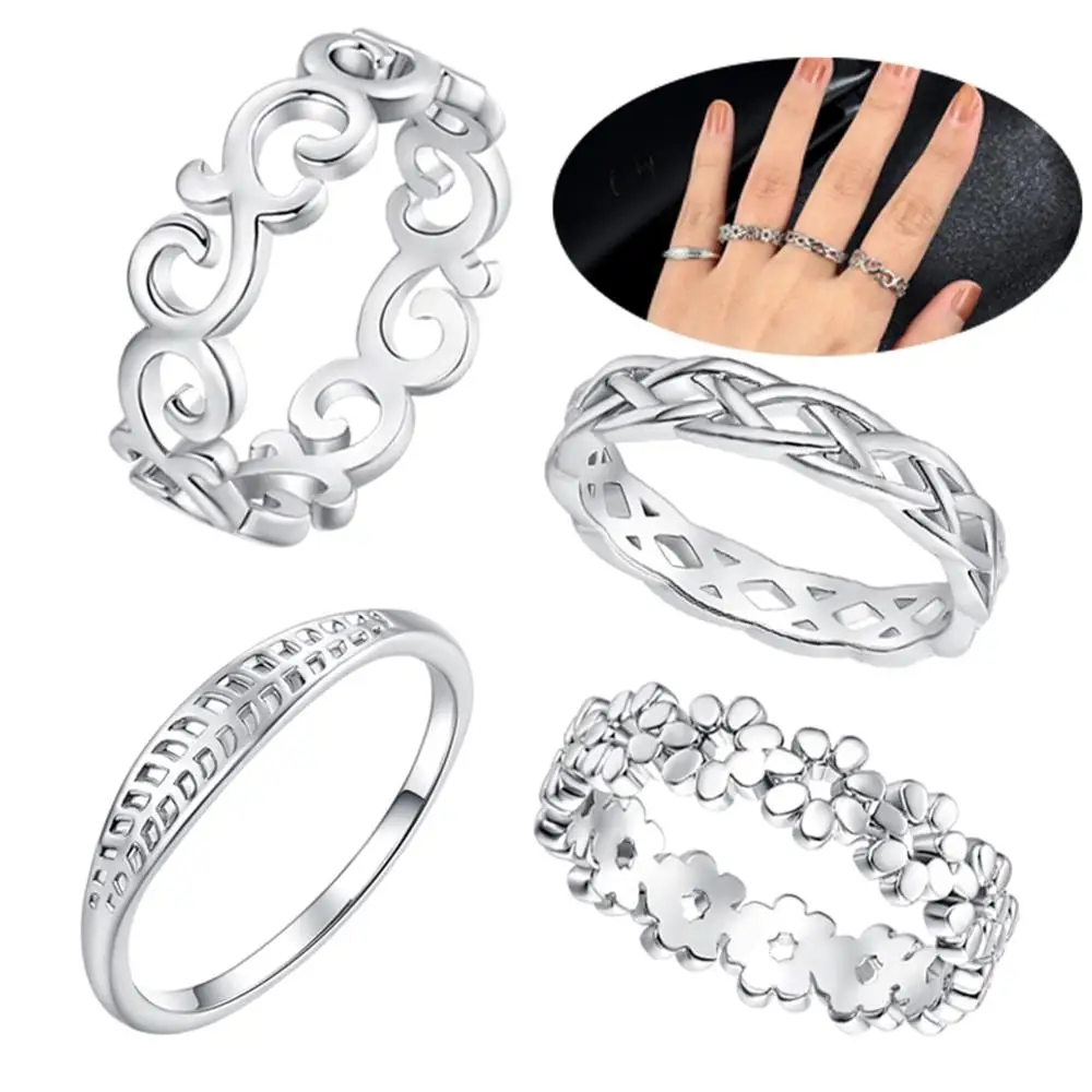 

4Pcs Silver Plated Finger Knuckle Rings Charm Carved Rings Jewelry Accessories Gifts