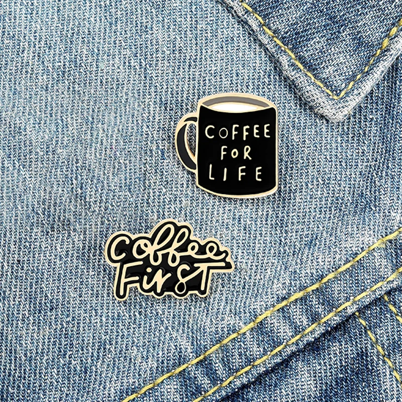 

Coffee First Brooches for Women Black Coffee Mug Enamel Pin Bag Clothes Lapel Pin Letter Metal Badge Jewelry Gift 2021 Wholesale