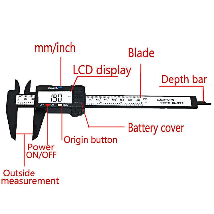 

New Arrival 150mm 6 inch LCD Digital Electronic Carbon Fiber Vernier Caliper Gauge Micrometer Measuring Tool QST008