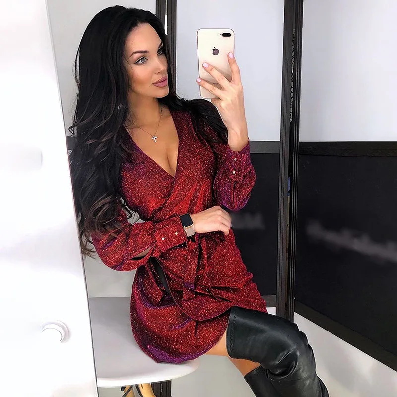 

2019 Winter Slim Long Sleeve Ladies Dress V-Neck Shiny Pullover Womens Short Dress Shiny Fashion Women Party Dress