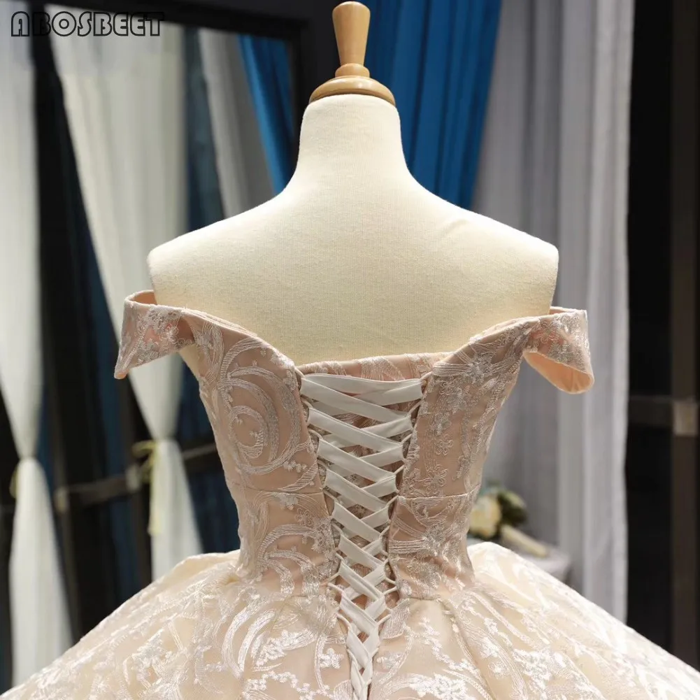 

Champange Wedding Dress Off Shoulder Ball Gown Plus Size Wedding Gown White Lace Vestido De Noiva Floor Lenght Lace Up Back
