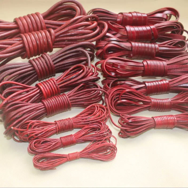 

2 meter 2/3/4/5/6/8/10mm Retro Red Cow Leather Strap Findings Flat/Round Leather Cord String Rope DIY Bracelet Making