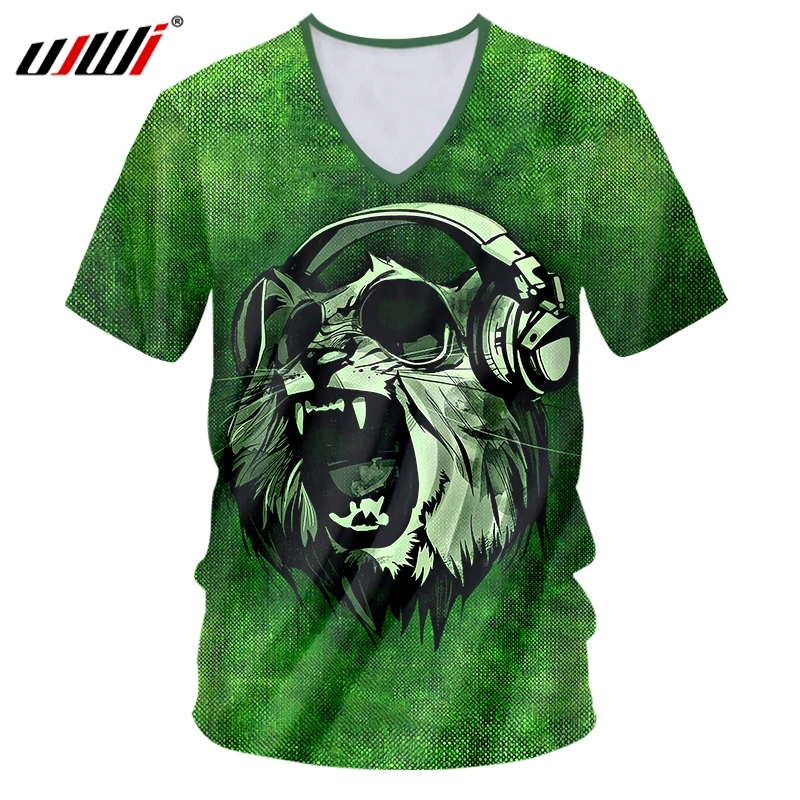 UJWI Новый 3D зеленый DJ кошка музыка человек V образным вырезом Футболка с принтом