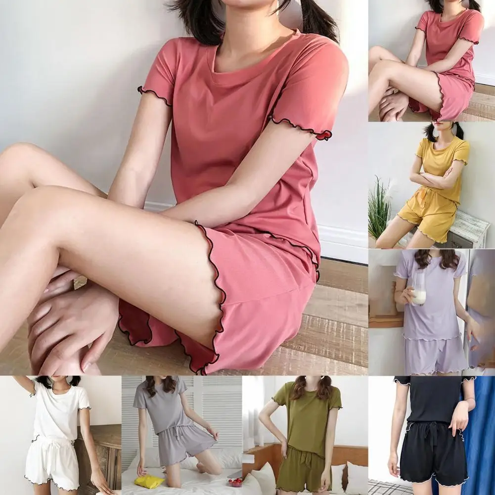 

Летняя модная женская пижама, однотонная Домашняя одежда с круглым вырезом и коротким рукавом, повседневная женская пижама, комплект из дву...