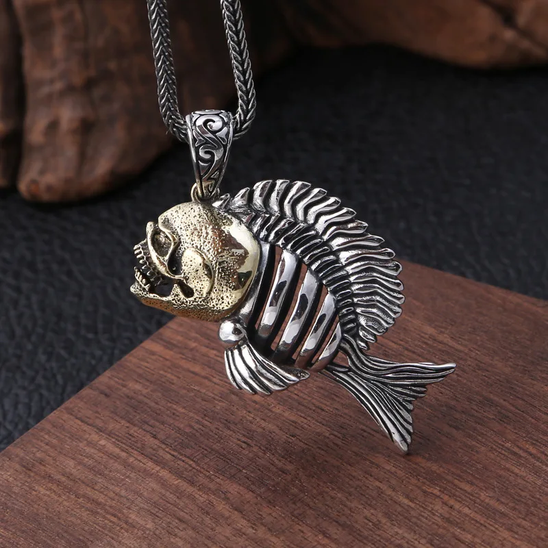 

925 Sterling Silver Skull Fish Pendant For Men and Women Personalized Gift Retro Punk Rock Style