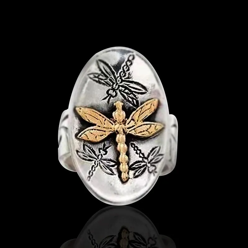 

Hot Sale Silver Color Geometric Oval Engraving Dragonfly Insect Pattern Finger Ring for Women Men Party Jewelry