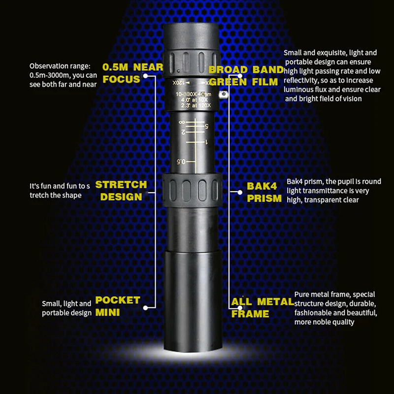 

4k 10-300x40mm Super Telephoto Zoom Monocular Telescope With Bak4 Prism Lens For Beach Travel Hunting Outdoor Activities Sports