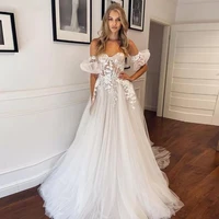 off shoulder a line lace wedding dresses for women bridal gowns with appliques sweep train tulle boho beach bride dress robe