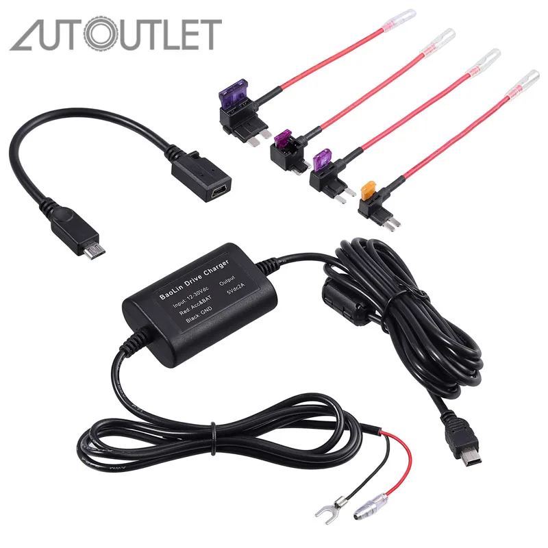 AUTOUTLET Universal Hardwire Sicherung Box Auto Recorder 3,2 M Dash Cam Harten Draht Kit mit USB Micro Stecker auf Mini weibliche Adapter Kabel