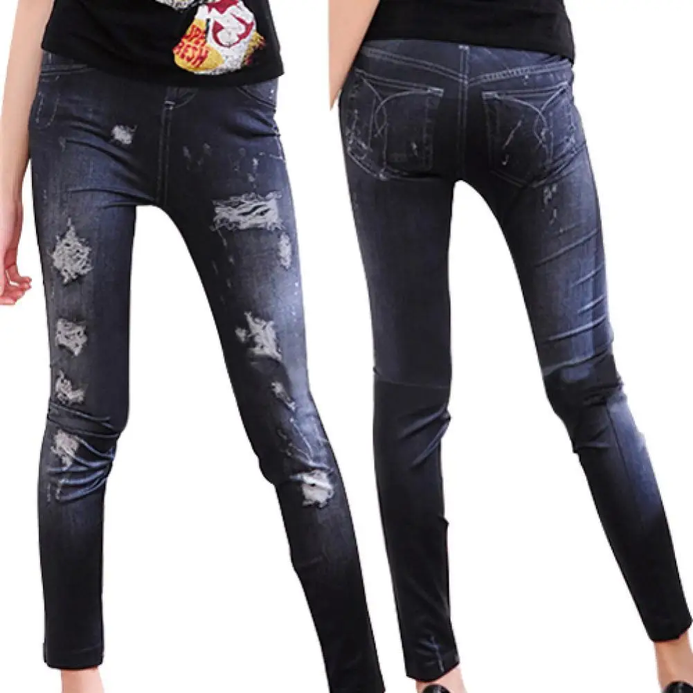 

Fashion Women Elastic Leggings Skinny Ripped Hole Jeans Trousers Pencil Pants