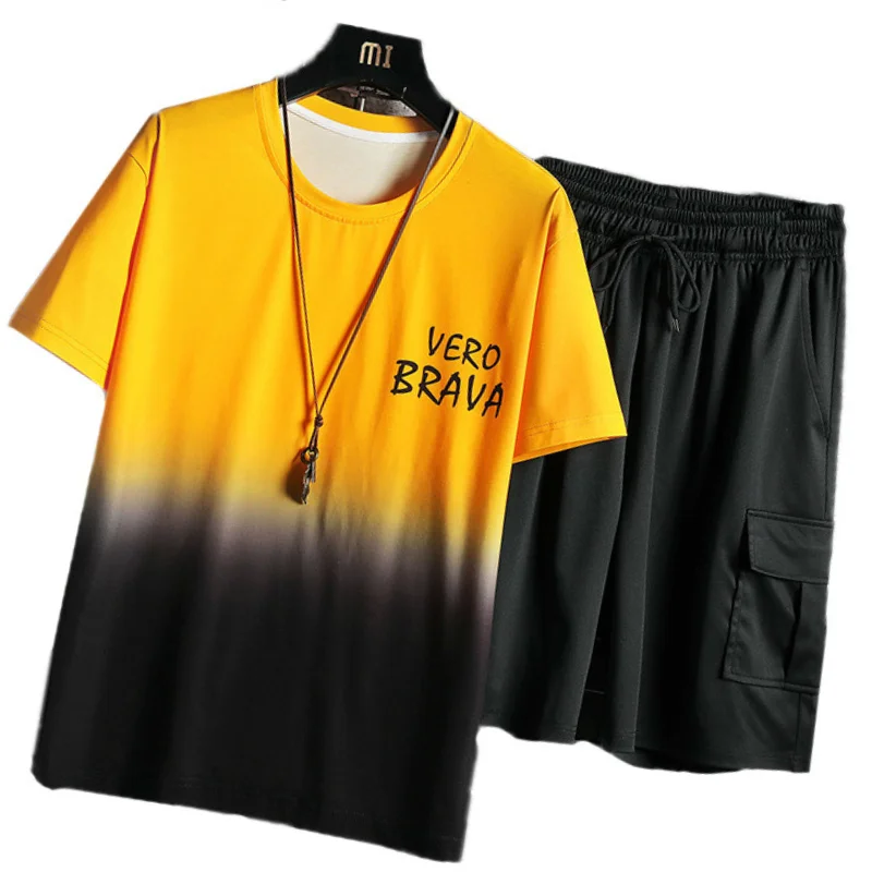 

Casual Men T-shirt Two-piece Summer Hip Hop 2021 New Mens Short Sleeve+Pants Harajuku Male Suit Clothes Men's Japanese Loose 5XL