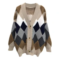 2021 spring autumn puff sleeve loose sweater cardigan retro loog sleeve knitted diamond pattern
