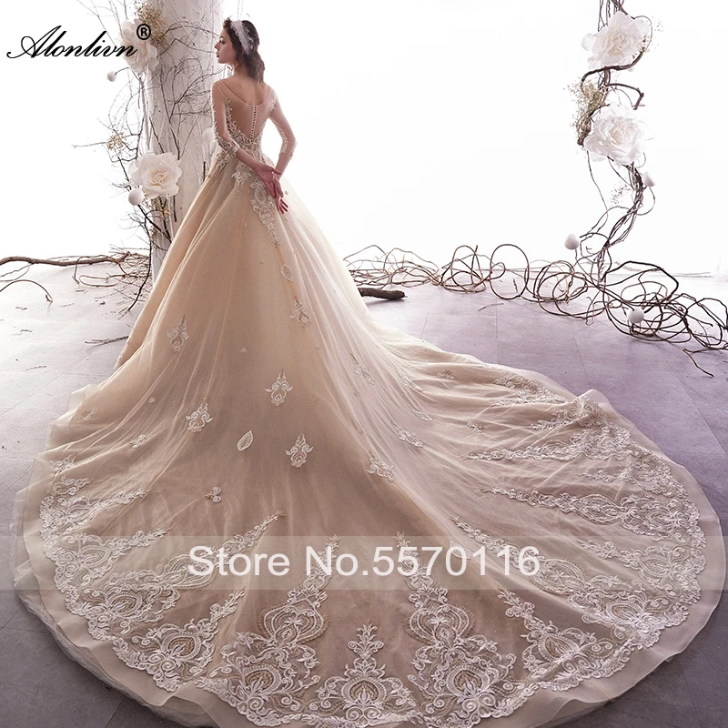 Блестящее свадебное платье с жемчугом и круглым вырезом со шлейфом|Свадебные