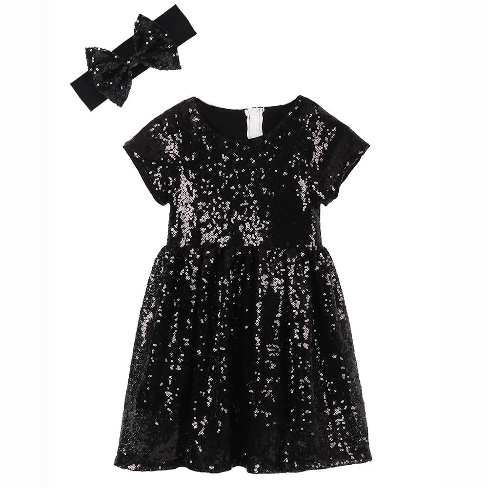 Блестящее платье с блестками для девочек Детские вечерние платья черного цвета