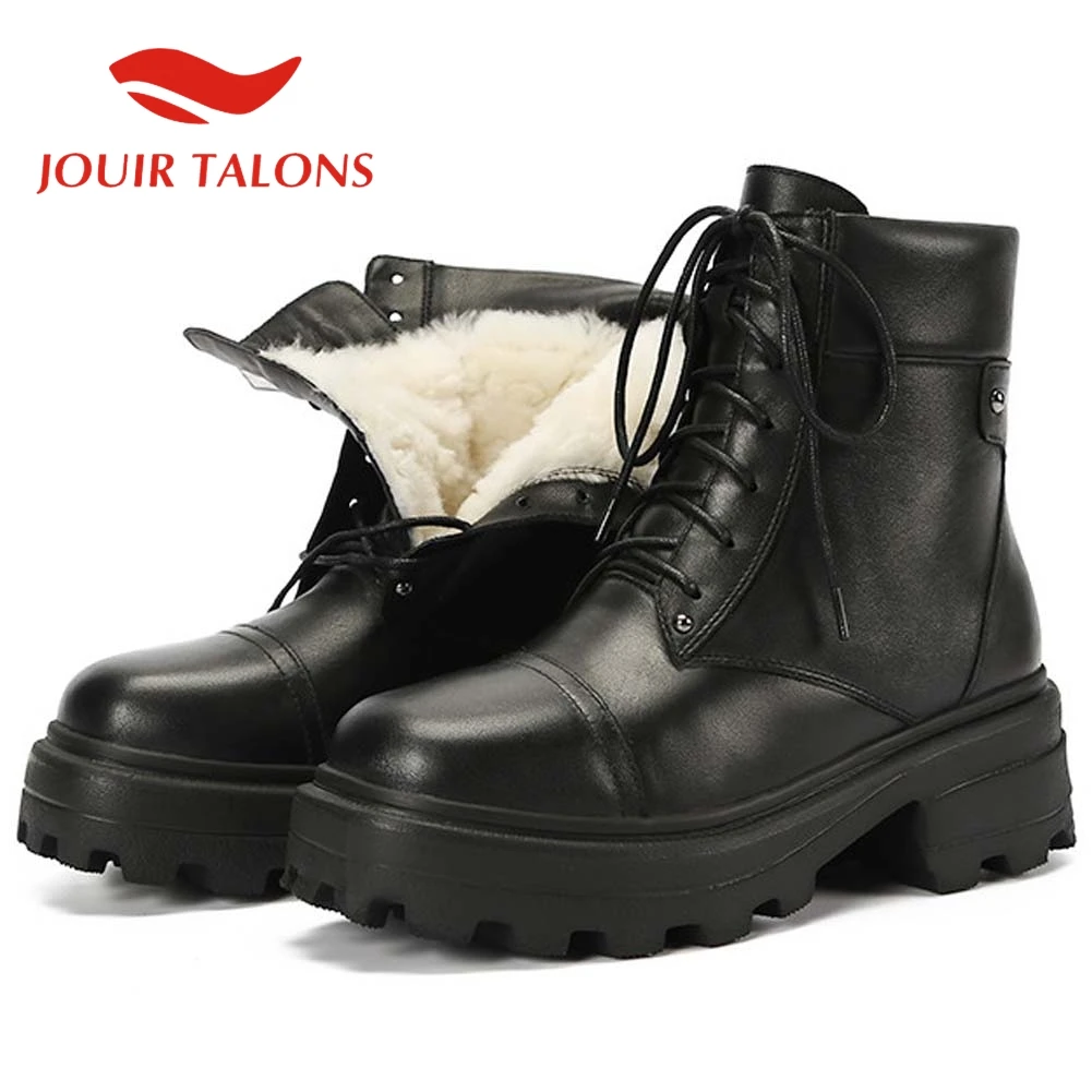 

JOUIR TALONS High Quality Brand Design shoes Wool Cow Leather Round Toe Platform Ankle Cross-tied Snow Winter Warm Boots