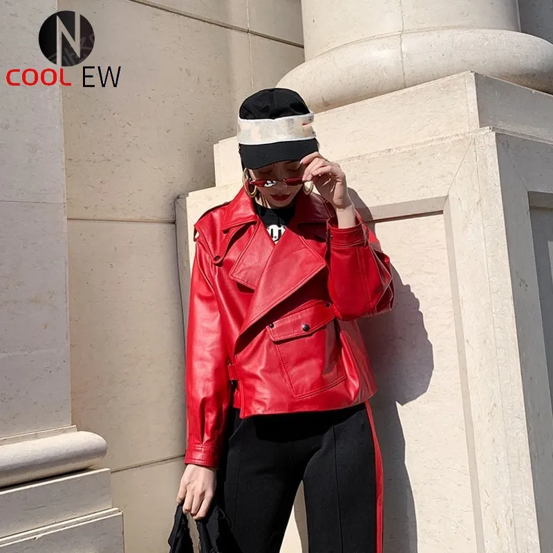 

High Street Pockets Lantren Sleeve Womens Sheepskin Short Jackets Fashion Casual Loose Real Leather Jaqueta Feminina Plus Size